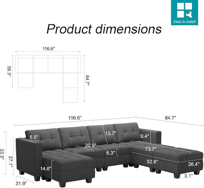 Belffin Modular Storage U-Shape Sectional Sofa Couch with Reversible Chaises 7-seat Sofa with Storage Seat Modular Sectional Sofa Set with Ottomans Modern Fabric Dark Grey