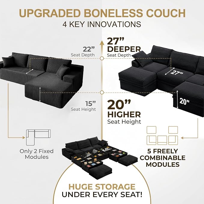 Upgrade Boneless Couch with Storage, Extra Deep&High Seat Modular Sectional Sofa 3 Seater U Shaped Cloud Couch with Ottoman, Tool-Free Assembly Sectional Couches for Living Room