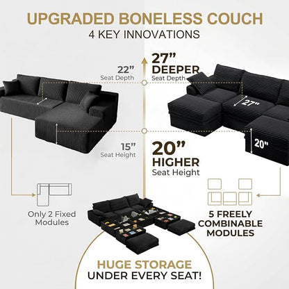 Upgrade Boneless Couch with Storage, Extra Deep&High Seat Modular Sectional Sofa 3 Seater U Shaped Cloud Couch with Ottoman, Tool-Free Assembly Sectional Couches for Living Room