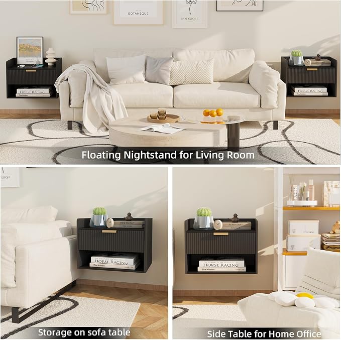 Arbuxzuy Floating Nightstand Set of 2, Wall Mounted Nightstand with Charging Station, Floating Bedside Table with Drawer, Minimalist Wooden Floating Night Stand for Bedroom (Black)