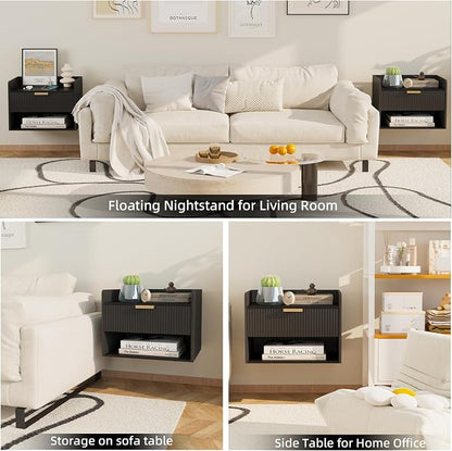 Arbuxzuy Floating Nightstand Set of 2, Wall Mounted Nightstand with Charging Station, Floating Bedside Table with Drawer, Minimalist Wooden Floating Night Stand for Bedroom (Black)