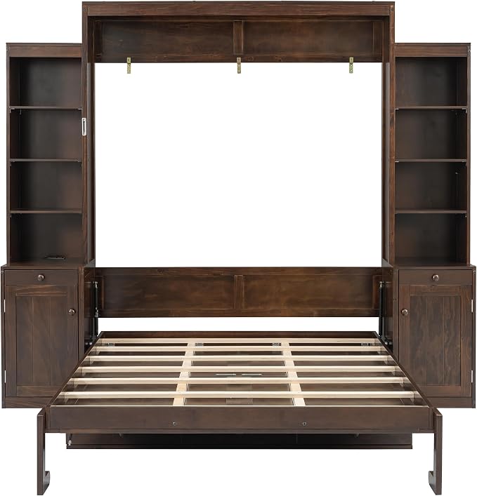 Merax Murphy Bed with Desk, Storage Cabinets and Drawers, Wood Wall Bed with Shelves, Convert to Cabinet, Space-Saving, Queen Size, Dark Brown