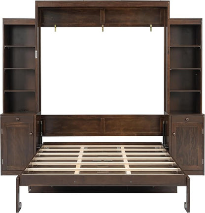 Merax Murphy Bed with Desk, Storage Cabinets and Drawers, Wood Wall Bed with Shelves, Convert to Cabinet, Space-Saving, Queen Size, Dark Brown