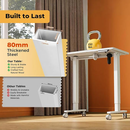 32" Glass Standing Desk,90°Tilt Whiteboard Electric Drafting Table | White Foldable One-piece Electric Height Adjustable Drawing Table with 4 Lockable Wheels, Small Portable Rising Workstation