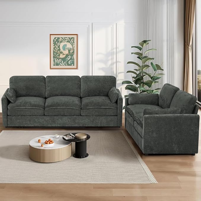 2 Pieces Chenille Sofa Set w/Two Throw Pillows, Upholstered Loveseat & 3 Seater Sofa w/Comfortable Back Cushions, Modern 2-Seat & 3-Seat w/High-Density Foam for Living Room, Apartment, Grey