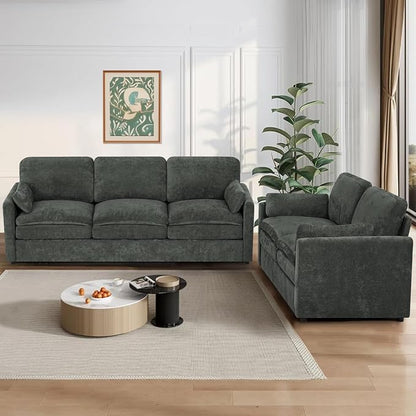 2 Pieces Chenille Sofa Set w/Two Throw Pillows, Upholstered Loveseat & 3 Seater Sofa w/Comfortable Back Cushions, Modern 2-Seat & 3-Seat w/High-Density Foam for Living Room, Apartment, Grey