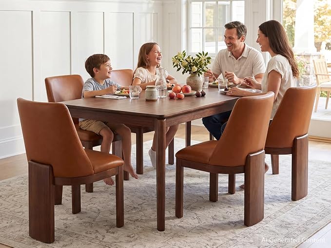 RIVOVA Upholstered Dining Chairs Set of 6, Modern Wooden Dining Room Chair PU Leather Kitchen Chairs Farmhouse Dinner Chair, Brown