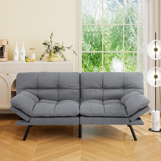 Vipbear 71" Futon Sofa Bed - Convertible Sofa Beds/Adjustable Backrest & Armrest, Comfy Loveseat Sleeper for Small Spaces, Apartments & Offices,Linen Fabric Medium Grey Futons