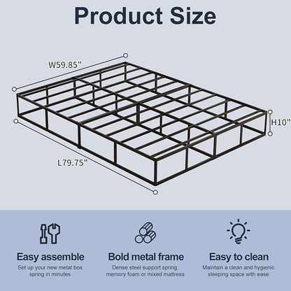 10 Inch High Profile Queen Box Spring, Heavy Duty Metal Frame Mattress Foundation with Fabric Cover, Easy Assembly, Noise-Free (10 Inch, Queen)