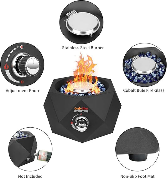 14” Modern Tabletop Gas Fire Pit, Portable Firepit Works with 1lb Propane Gas for Patio Backyard Porch Camping RV Tailgating, Side-Mounted, FP004