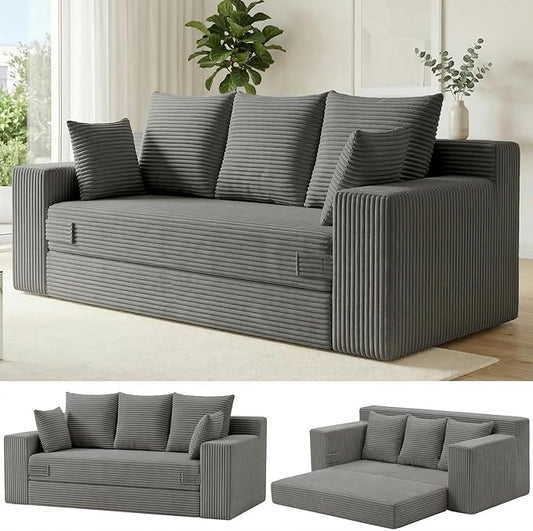 Boneless Couch for Living Room, 3 Seater Convertible Futon Sofa Bed Comfy Pull Out Couch with 5 Pillows & Detachable Washable Cover, Upholstered Floor Sofa in A Box, No Assembly Required, Grey