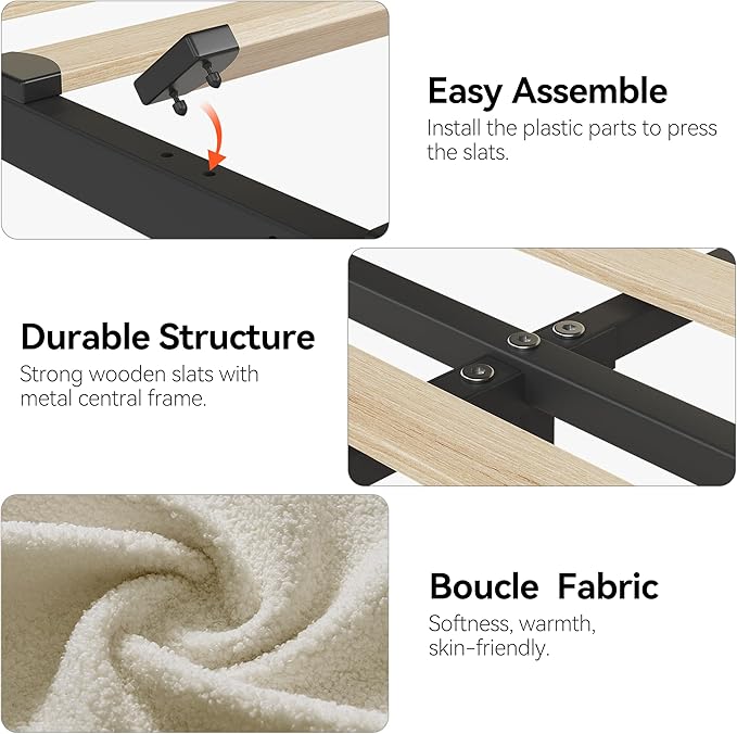 Garvee Twin XL Size Bed Frame with 2 Flexible Drawers, Boucle Upholstered Platform Bed Frame with Bookcase Headboard, Bedframe for Kids/Girls, Easy Assembly, No Box Spring Needed, Noise Free, Beige