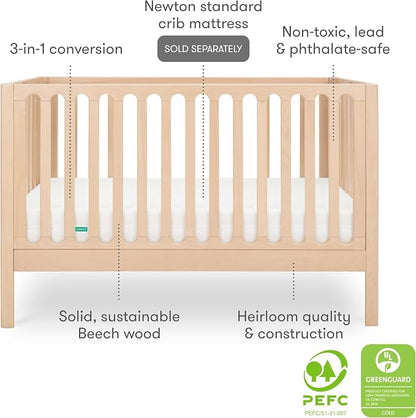Newton Baby Galileo Standard Crib, Solid Beech Wood in Natural Color, 3-in-1 Convertible Crib with Toddler Bed Conversion Kit, Ultra-Safe Non-Toxic Finish