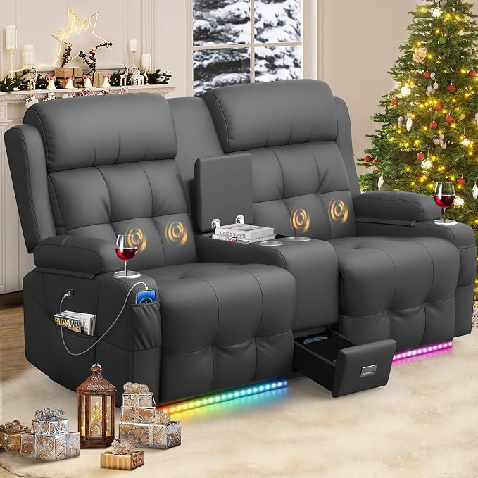 Reclining Loveseat, Massage Loveseat Recliner Sofa Heavy Weight Capacity, RV Love Seat Chair Clearance with Console, USB, Type C Port, Storage, Cup Holders, Wall Hugger Couch for Living Room