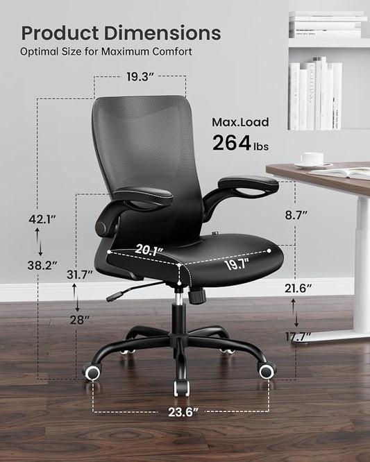 MUXX.STIL Office Chair, PU Leather Ergonomic Desk Chair with Adjustable Lumbar Support and Flip up Armrest, Breathable Mesh Computer Chair for Home Office, Black