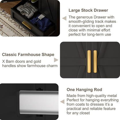 Baborokic Metal Wardrobe Cabinet,71 Armoire Wardrobe Closet with Drawers and Hanging Rod,Metal Armoire with Adjustable Shelves for Closet,Bedroom,Farmhouse Storage Cabinet with Drawer(Black)