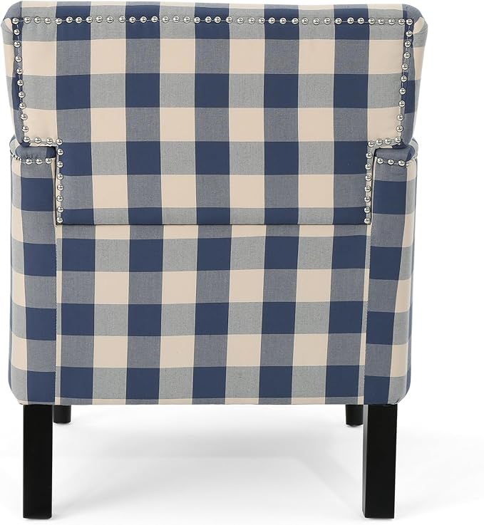 Christopher Knight Home Eve Modern Upholstered Club Chair, Wooden Living Room Accent Chair, Comfy Bedroom Reading Chair, Multifunctional Armchair, Blue Checkerboard