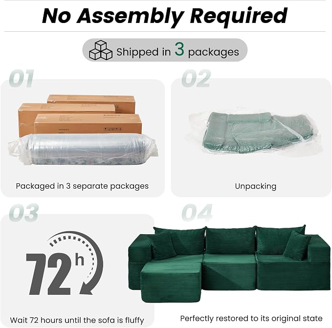 HOMREST 102" Cloud Couch Sectional, L Shaped Modern Sofa with Ottoman, Comfy Corduroy Fabric Modular Sectional Sofa in a Box, Boneless Couches for Living Room, No Assembly Required (Green)