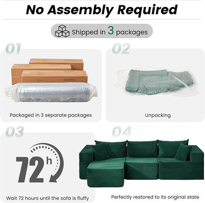 HOMREST 102" Cloud Couch Sectional, L Shaped Modern Sofa with Ottoman, Comfy Corduroy Fabric Modular Sectional Sofa in a Box, Boneless Couches for Living Room, No Assembly Required (Green)