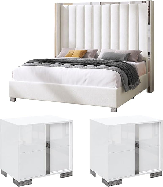AMERLIFE 3-Piece Modern Bedroom Set Queen – Cream Upholstered Bed Frame with 58" Wingback Headboard and 2 White Nightstands