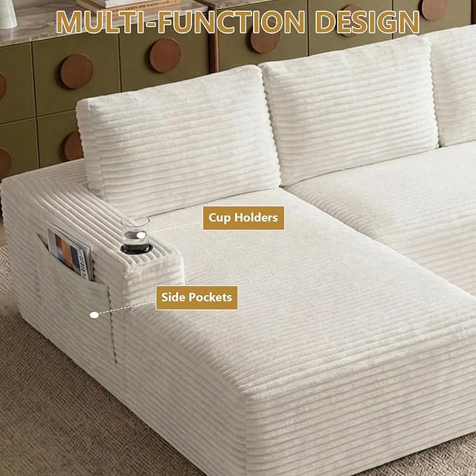 104" Cloud Sectional Couch L-Shaped with Side Pockets Cup Holders, Corduroy Boneless Couch for Living Room,Upholstered Deep-Seat Modular Sectional Sofa, No Assembly Required (White,Left Facing Chaise)