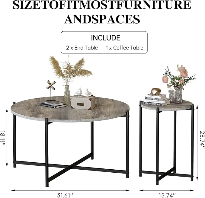AWQM Faux Marble Coffee Table Set of 3, 1 Coffee Table & 2 Sofa Table, Round Tabletop and Metal Cross Base Frame,Perfect for Living Room Apartment, Grey