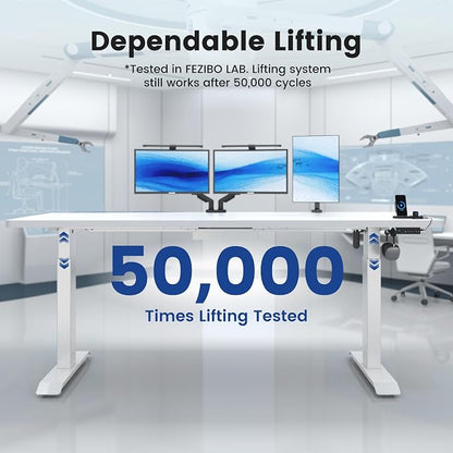 FEZIBO 83 x 37 Inch Electric Standing Desk with Integrated Dual-Beam & Cable Management, Memory Height Adjustable Computer Desk for Home Office Workstation, 1" Thick Large 3-Piece Tabletop White