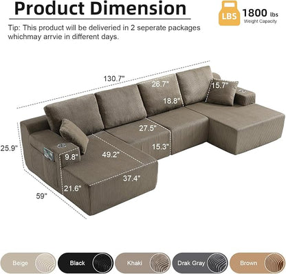 130" U-Shaped Modular Sectional Sofa with Chaise, Boneless Corduroy Flexible Module Seating for Living Room, Cloud Couch with Cup Holders and Side Pockets, No Assembly (Taupe)