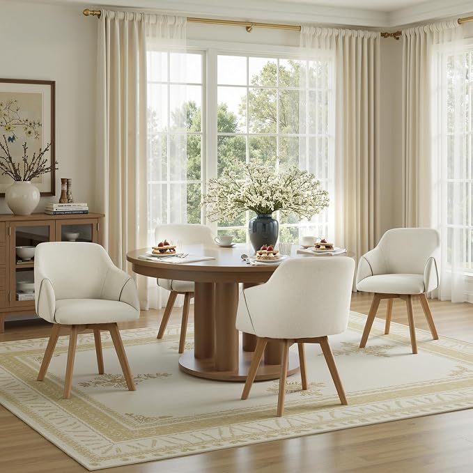 Swivel Dining Chairs Set of 4, Mid Century Modern Dining Chairs with Arms, Fabric Upholstered Kitchen Dining Room Chairs with Wood Legs for Living Room, 360°Swivel Accent Desk Chair, Beige