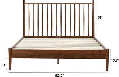 NTC Inno Wooden Bed Frame with Headboard, Solid Oak and Rubber Wood Foundation with Silent Slats and Wood Central Supports, 1000 Lb Capacity, Effortless Assembly, Queen - Dark Walnut