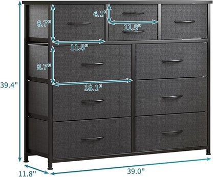 LUMTOK 10-Drawer Dresser, Fabric Storage Tower with Drawers for Bedroom, Dresser Drawer with Handle for Bedroom, Living Room, Hallway, Closets & Nurseryteel Frame, Wood Top (10 Drawer/Grey)