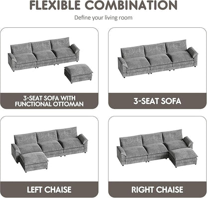 Homall 119" Modular Sectional Sofa, L Shaped Sofa Couch with Reversible Ottoman, DIY Combination Chenille Deep 3-Seat Cloud Couch for Living Room, Apartment (Light Grey, L Shaped Sofa)