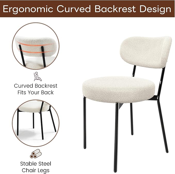 KROFEM Set of 4 Boucle Fabric Dining Chairs,White | Mid-Century Style Comfort Sponge Filled Seat Back Dining Room Chairs for Kitchen Dining Table