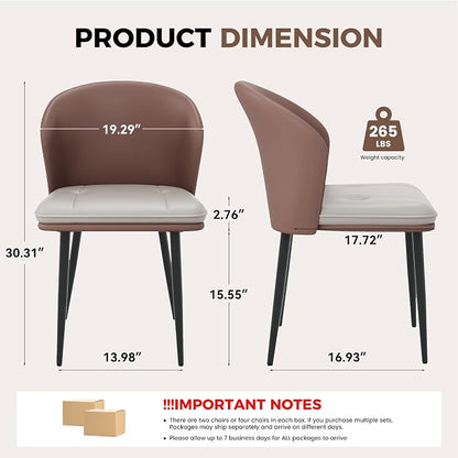 Modern Curved Back Dining Chairs Set of 6, Faux Leather Upholstered Accent Chair, Mid-Century Kitchen Side Chair with Soft Cushion for Dining Room, Living Room, Bedroom, Brown