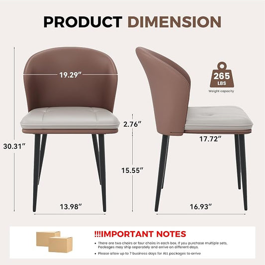 Modern Curved Back Dining Chairs Set of 6, Faux Leather Upholstered Accent Chair, Mid-Century Kitchen Side Chair with Soft Cushion for Dining Room, Living Room, Bedroom, Brown