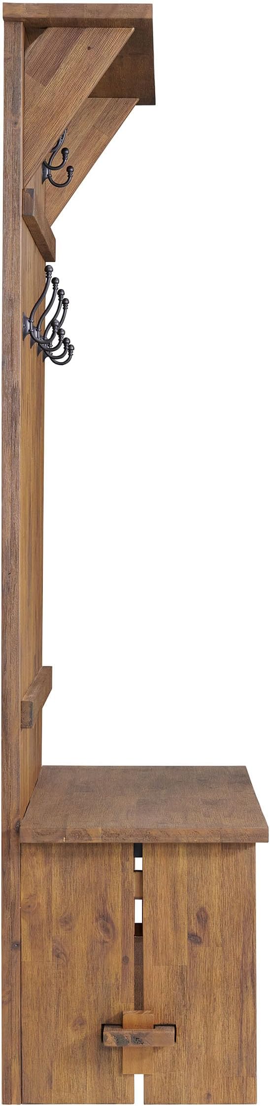 Alaterre Furniture Bethel Hall Tree with Bench – Rustic 70-Inch Entryway Organizer with 7 Metal Double Coat Hooks, Solid Wood Bench and Storage Shelves for Mudroom or Hallway (Natural Aged Brown)