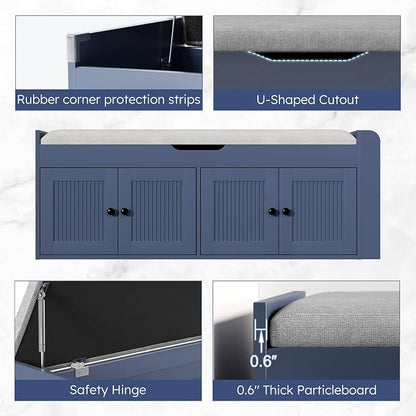 47.2" Storage Bench - Entryway Shoe Bench with Side Storage Shelves and 4 Doors, Multifunctional Entryway Bench with Lift Top Cushion, Shoe Storage Bench for Bedroom, Living Room, Navy Blue