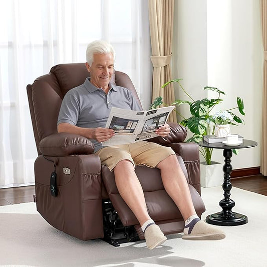 MCombo Electric Power Lift Recliner Chair Sofa with Massage and Heat for Elderly, 3 Positions, 2 Side Pockets, and Cup Holders, USB Ports, Faux Leather 7040 (Light Brown, Medium)