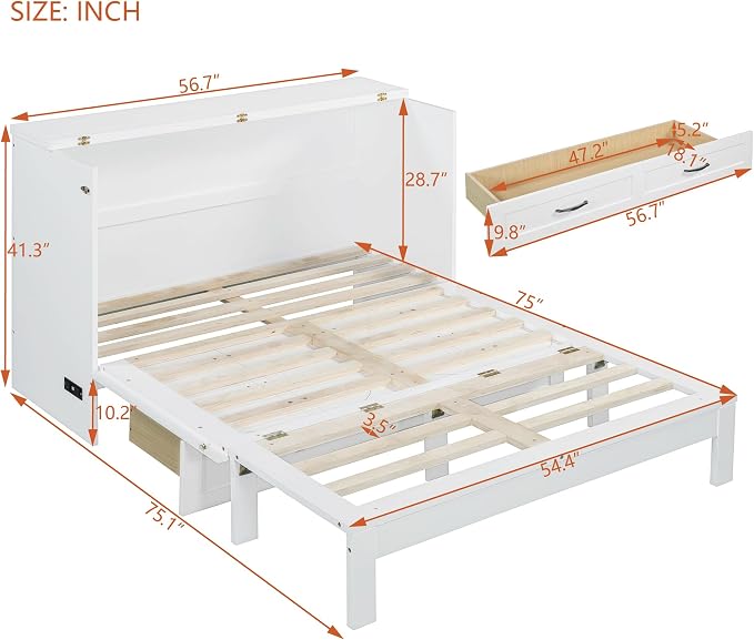 Ball & Cast Full Size Murphy Bed Hideaway Wall Chest with Large Drawers,can be Folded,Storage Space-Saving Furniture Hideaway Platform Bedframe W/USB Charging Port,for Bedroom,Gray