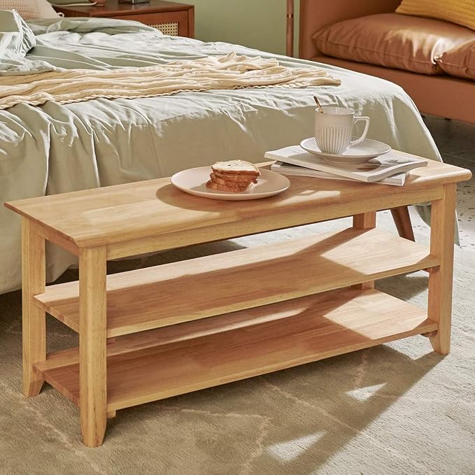 Dewfig Shoe Rack Bench, 3-Tier Shoe Shelf Organizer,10-12 Pairs Entryway Storage Bench for Hallway, Bedroom, Living Room, Bedroom, Hold up to 550 lbs, Solid Wood, Natural