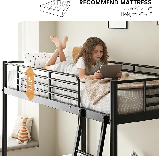 sogesfurniture Twin Over Twin Bunk Bed with 2 Mattresses Included, Bunkbeds | Space-Saving Bundle Heavy-Duty Metal Frame 6-Inch CertiPUR-US Mattresses 11.8" Safety Guardrails Easy Assembly Wide Ladder