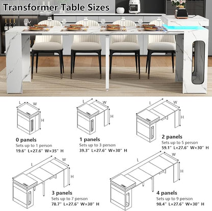 Extendable Dining Table with Charging Station, Convertible Folding Console Table for 6-8 People, Space-Saving Dining Table with LED Lights, Wood Rectangle Kitchen Table, Marble White (No Chairs)