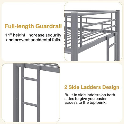 VECELO Metal Bunk Bed Twin Over Twin, Industrial Bunkbeds with Ladder and Full-Length Guardrail, Noise Free, No Boxing Spring Needed, Grey