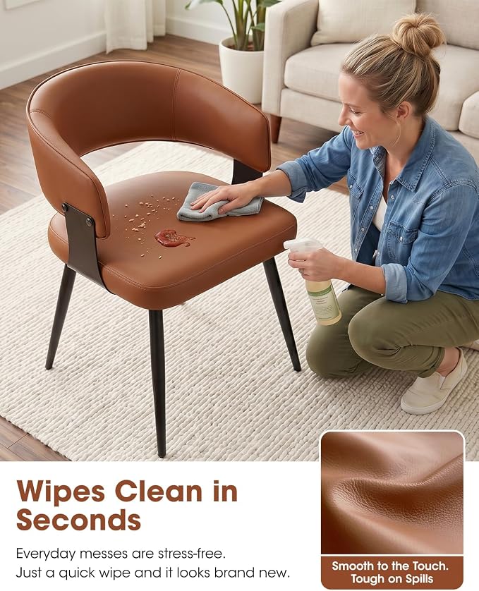 Dining Chairs Set of 4, Modern Upholstered PU Leather Kitchen & Dining Room Chairs with Curved Open Back Metal Legs, Kitchen Chairs for Dining Room Restaurant (Brown, Set of 4)