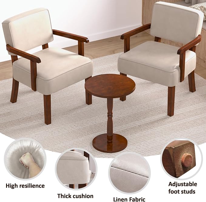 FAGAGA Accent Chairs Set of 2 with Table, PU Leather Chair for Living Room Oversized Armchair with Soft Seat and Armrests for Bedroom Dinning Reading Waiting Room (Leather Beige)