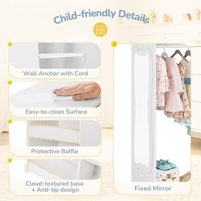 Curipeer Kids Dress Up Storage with Cloud Base & Flower Mirror, Open Hanging Closet Wardrobe for Children, Kids Armoire & Costume Organizer for Bedroom Playroom Preschools Classroom, White