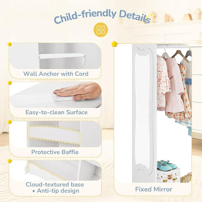 Curipeer Kids Dress Up Storage with Cloud Base & Flower Mirror, Open Hanging Closet Wardrobe for Children, Kids Armoire & Costume Organizer for Bedroom Playroom Preschools Classroom, White