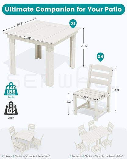 SERWALL Outdoor Dining Set for 4, HDPE Square Table and Chairs Set All Weather Patio Dining Set with 4 Armless Chairs for Patio, White