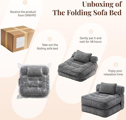Folding Sofa Bed, Convertible Sleeper Chair with Pillow Foldable Mattress with Back Support, Portable Fold Out Chair Bed Comfy Floor Couch Lounge for Living Room Bedroom Apartment Single