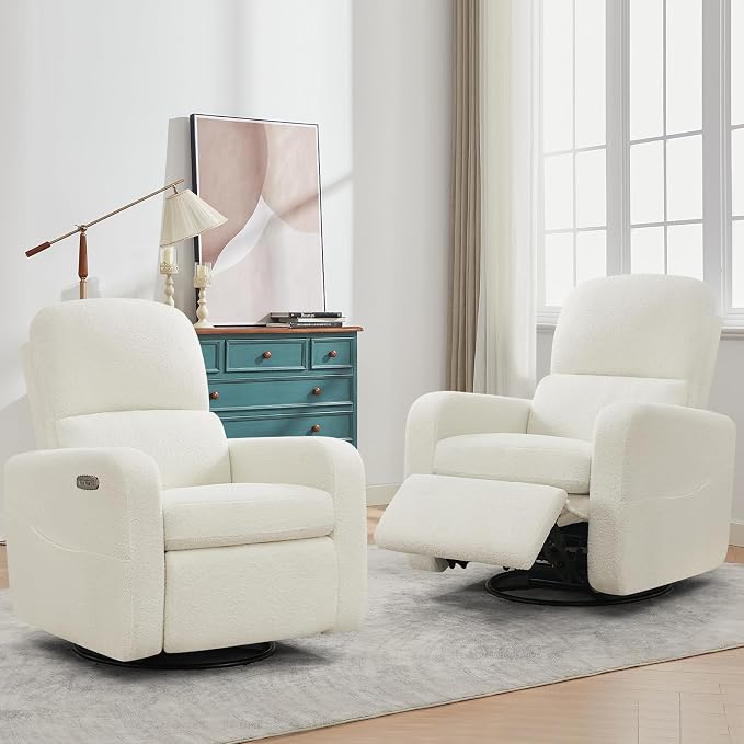 Power Swivel Rocker Recliner, Oversized Boucle Nursery Glider Recliner, Teddy Swivel Rocking Reclining Chair with Removable Cushion and Lumbar Support for Nursery Living Room Bedroom, White